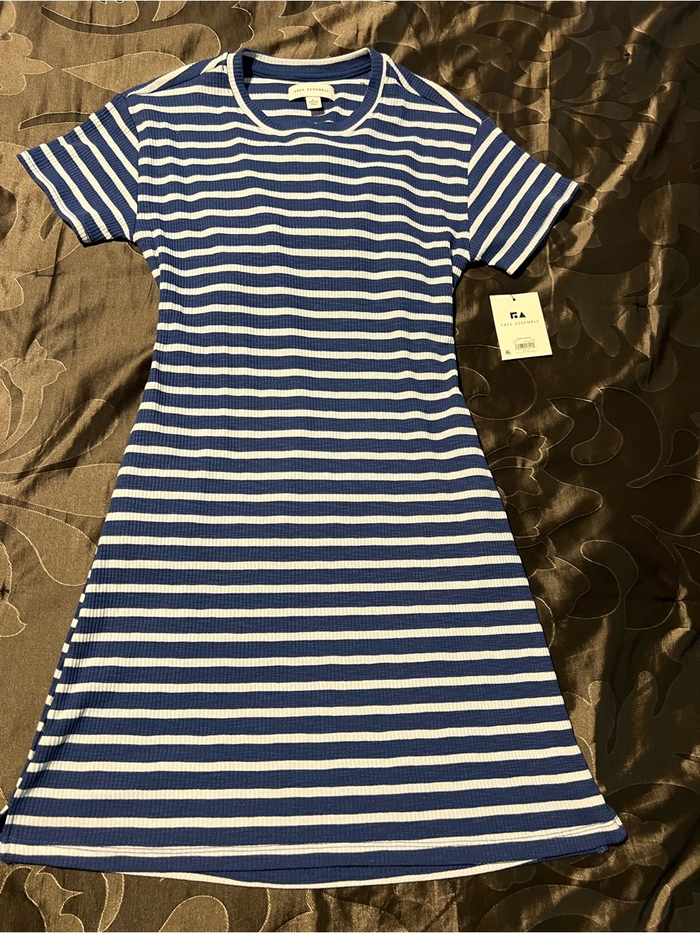 NWT Free Assembly Open Back Blue White Striped Short Sleeve Ribbed Dress L 10/12